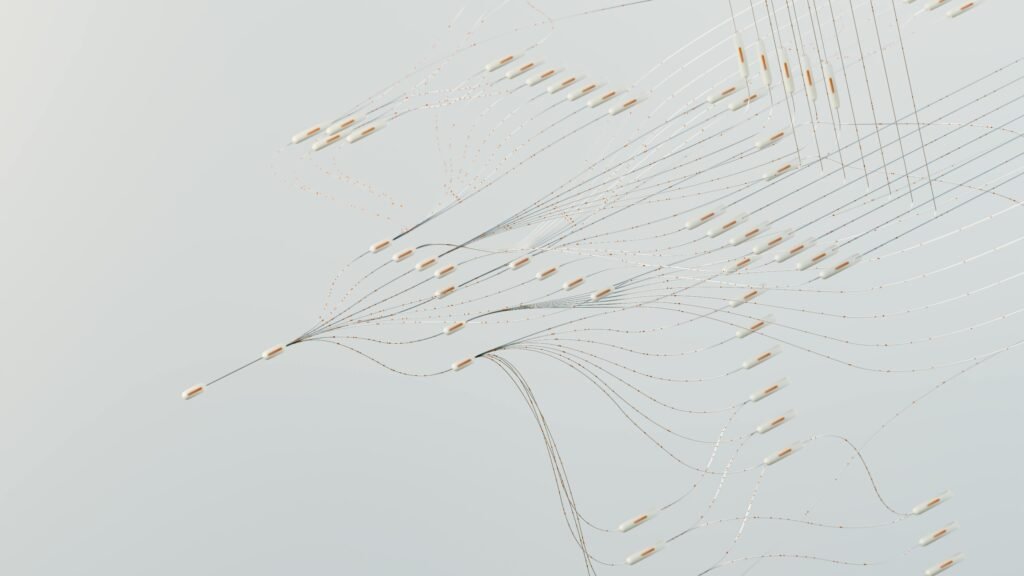 Abstract illustration depicting complex digital neural networks and data flow.