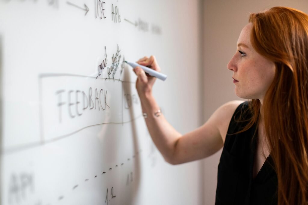 pexels-photo-3861970-3861970 Focused woman writing on a whiteboard during a business planning session.